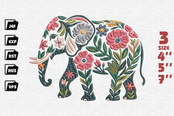 Download Colorful Folk Art Floral Elephant Embroidery Design - Colorful Collection